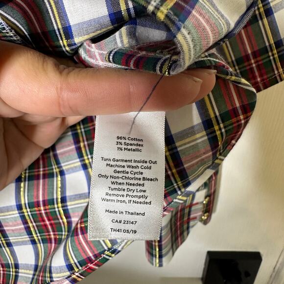 Talbots Non-Iron Plaid Metallic Gold Red Green‎ Button Down Shirt Sz 8Petite - Picture 5 of 5